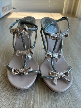 Rene Caovilla Crystal Bow Embellished Taupe Strappy Sandals 35